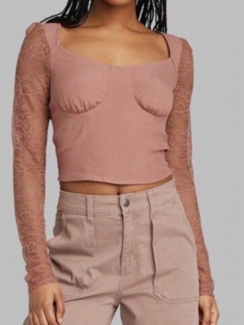 WILD FABLE Long Sleeve Lace Bustier Top Mauve Pink Brown Y2K 90s Cropped Crop M